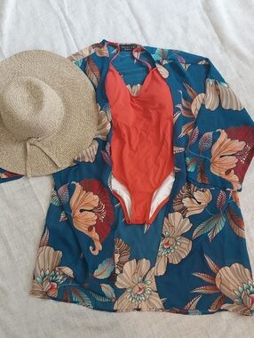 Maverick Floral Beach Kimono Coverup in Teal with Red Swim Accent